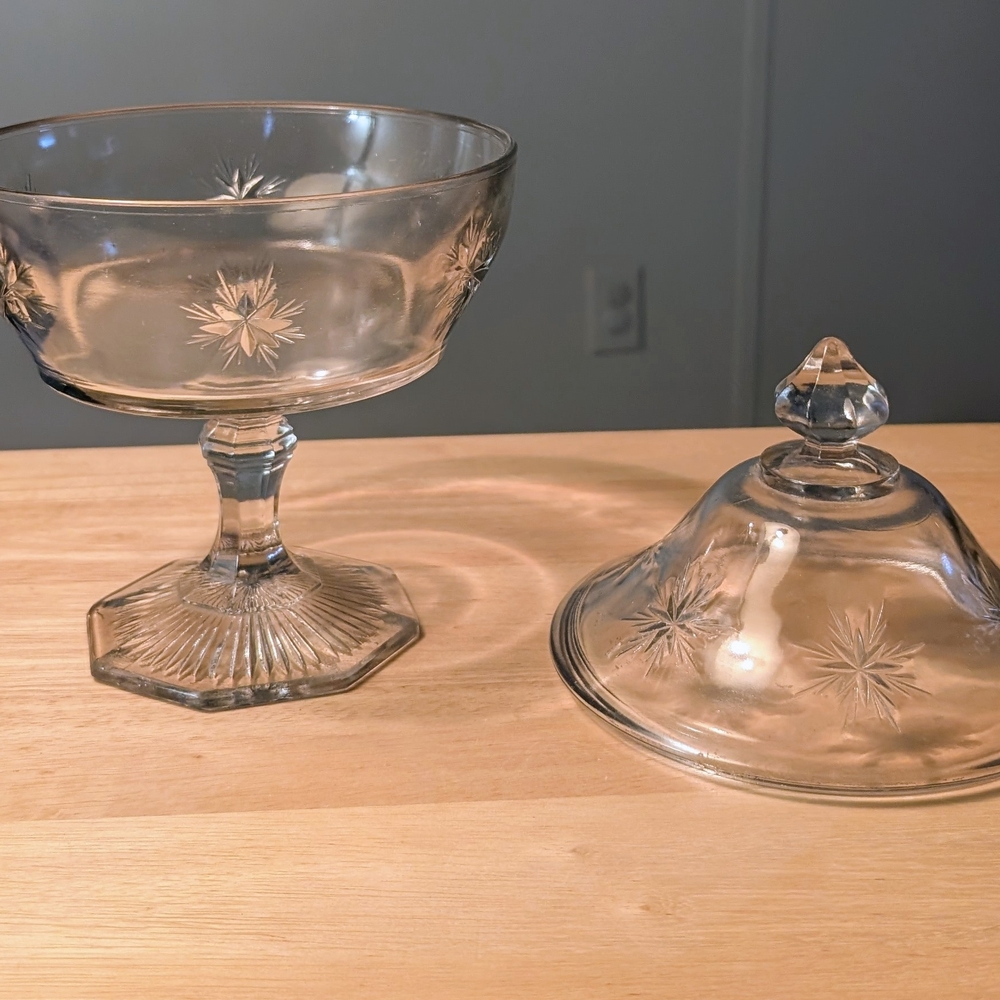Clear Glass Compote with Starburst Etching - Elegant Home Dining Accent - Picture 2 of 10
